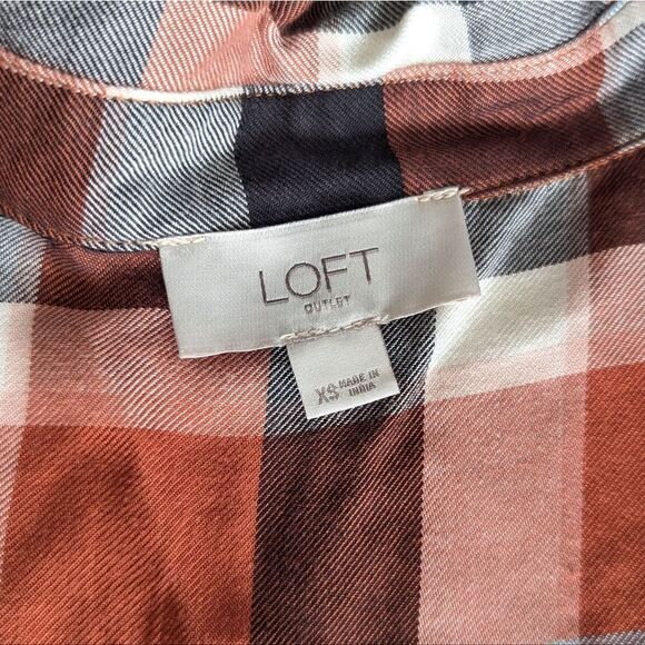 LOFT Women SZ XS Orange/Brown Checked Button Up Shirt Blouse -Lightweight-Casual - Picture 6 of 7